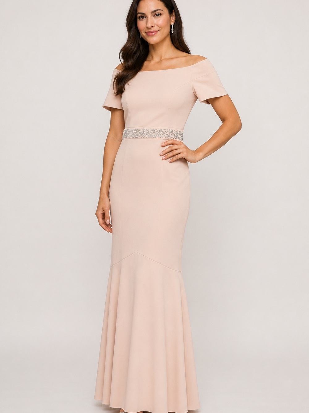 Off-Shoulder Blush Pink Evening Gown with Embellished Waist